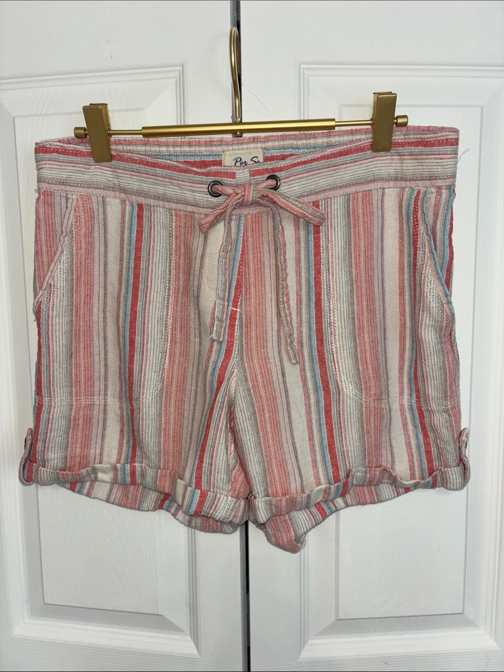 Per Se Pink Multi-Striped Drawstring Bermuda Shorts